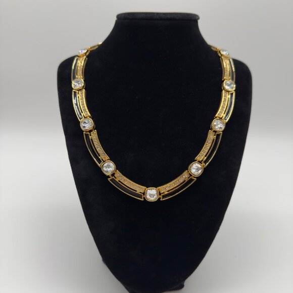 Vintage Runway Monet Gold Rhinestone Black Enamel Necklace Sectional Collar - Picture 8 of 8